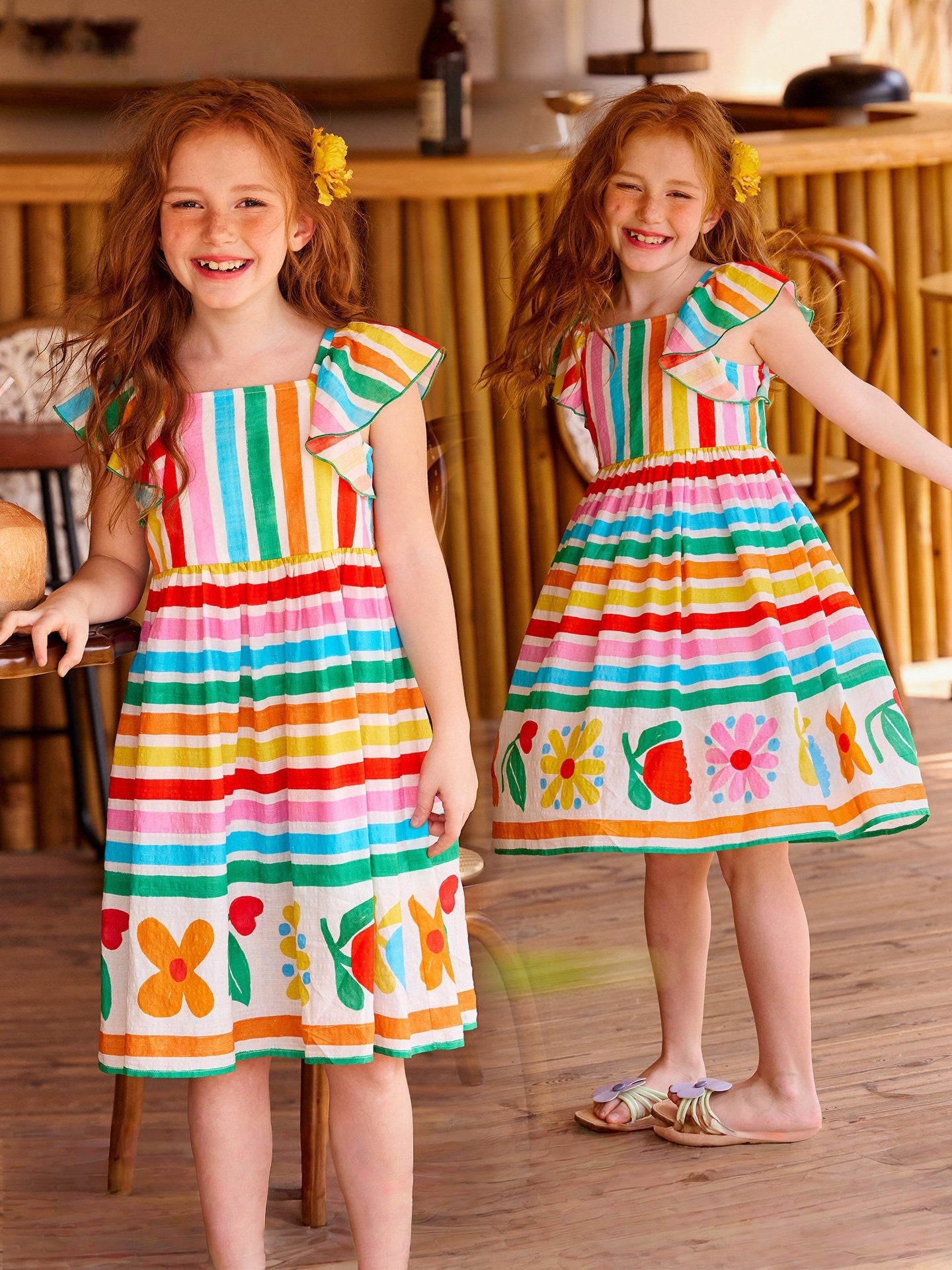 Rainbow Striped Flower Print Dress