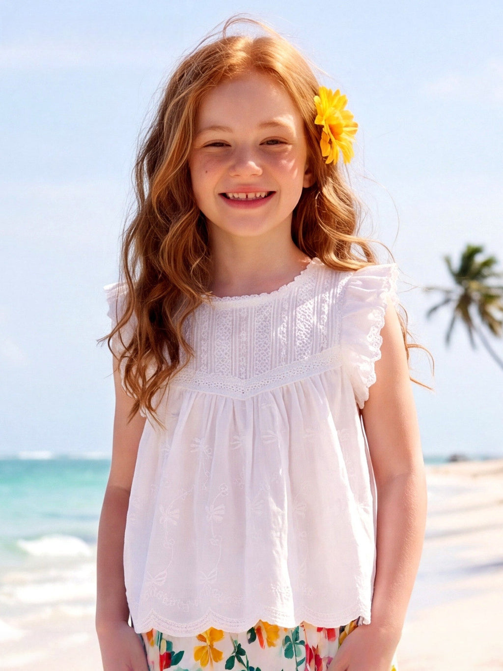 Lace Fly Sleeve Ruffled Top