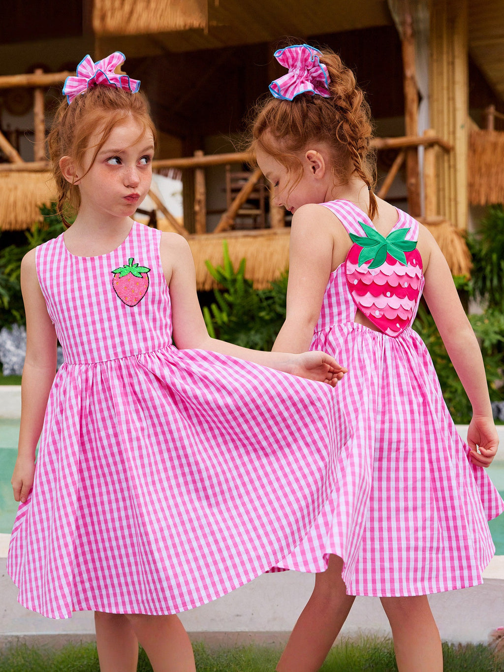 Pink Plaid Sequin Strawberry Dress