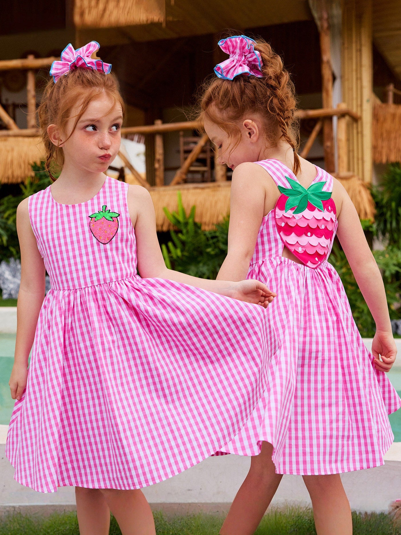 Pink Plaid Sequin Strawberry Dress