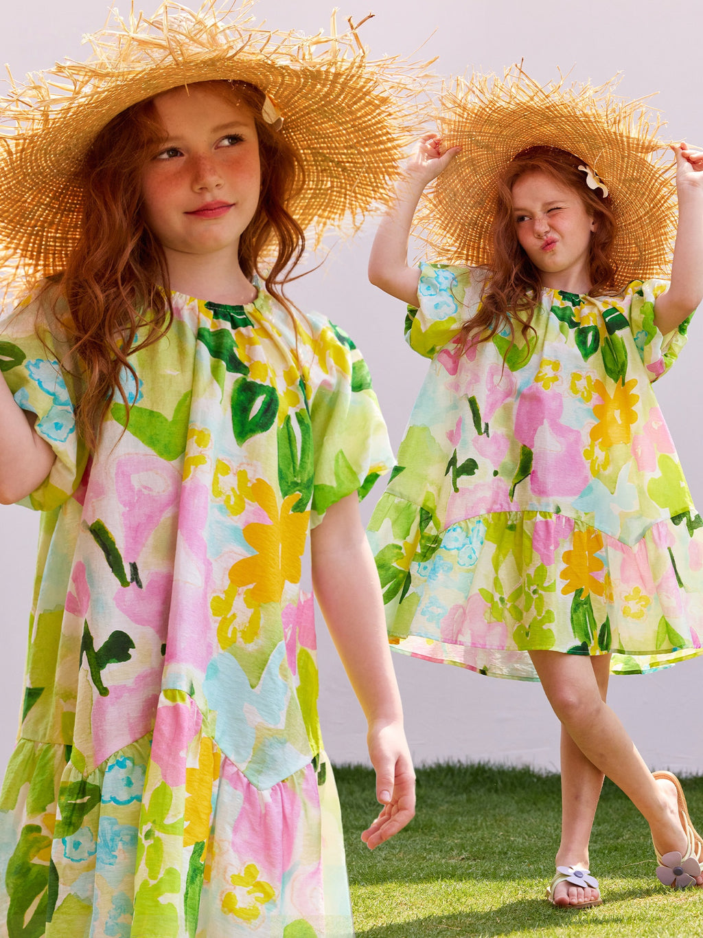 Floral Bubble Sleeve Ruffled Edge Dress