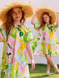Floral Bubble Sleeve Ruffled Edge Dress