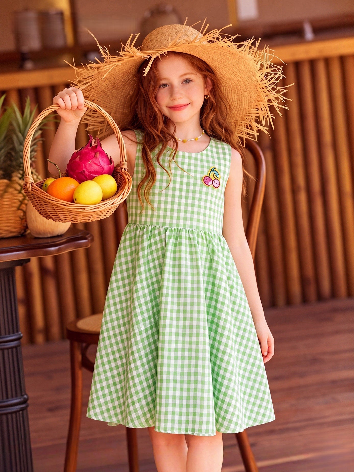 Green Plaid Butterfly Sleeveless Dress