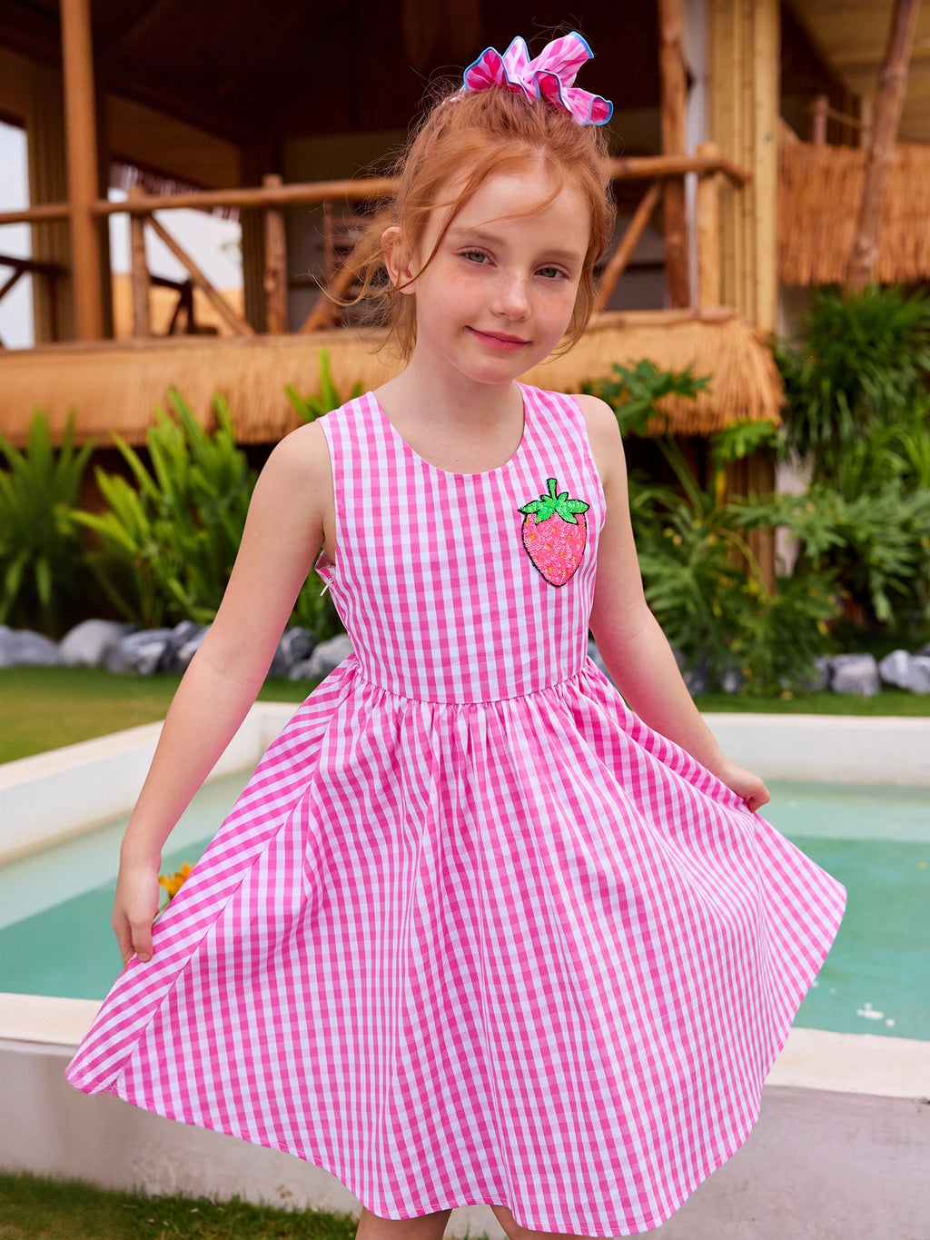 Pink Plaid Sequin Strawberry Dress