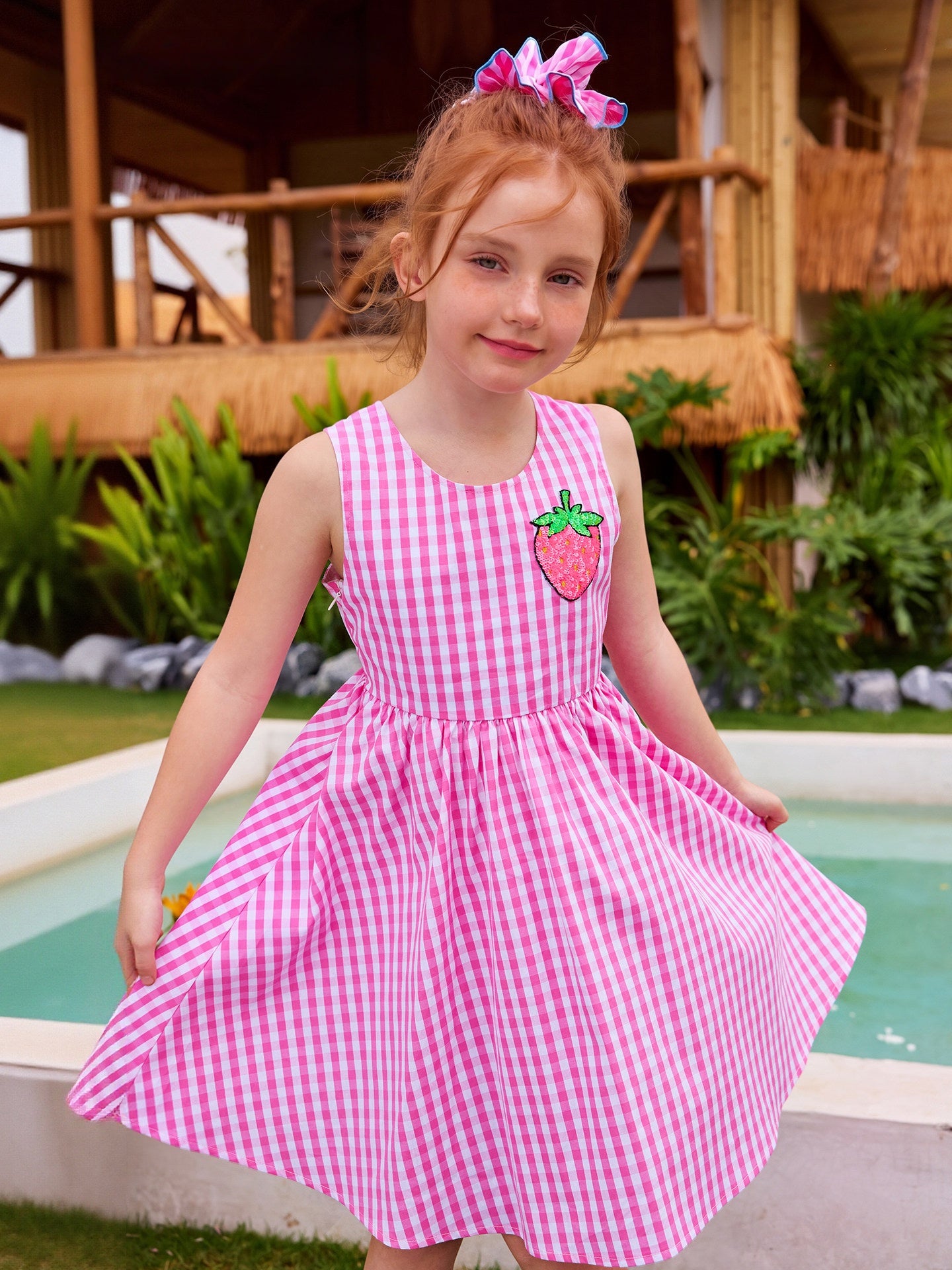 Pink Plaid Sequin Strawberry Dress
