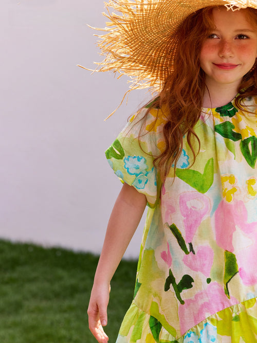 Floral Bubble Sleeve Ruffled Edge Dress