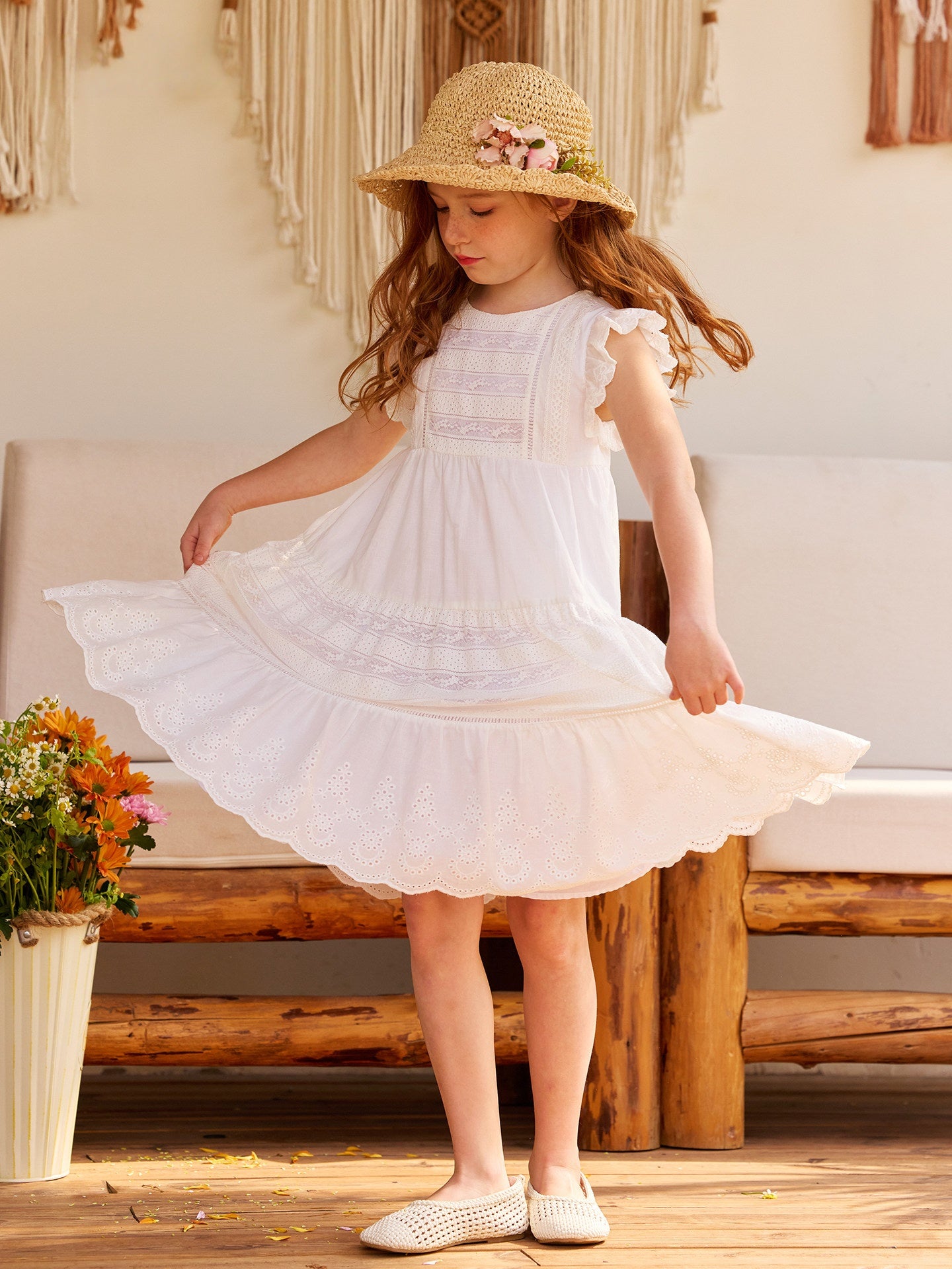 Lace Fly Sleeve Ruffled Dress