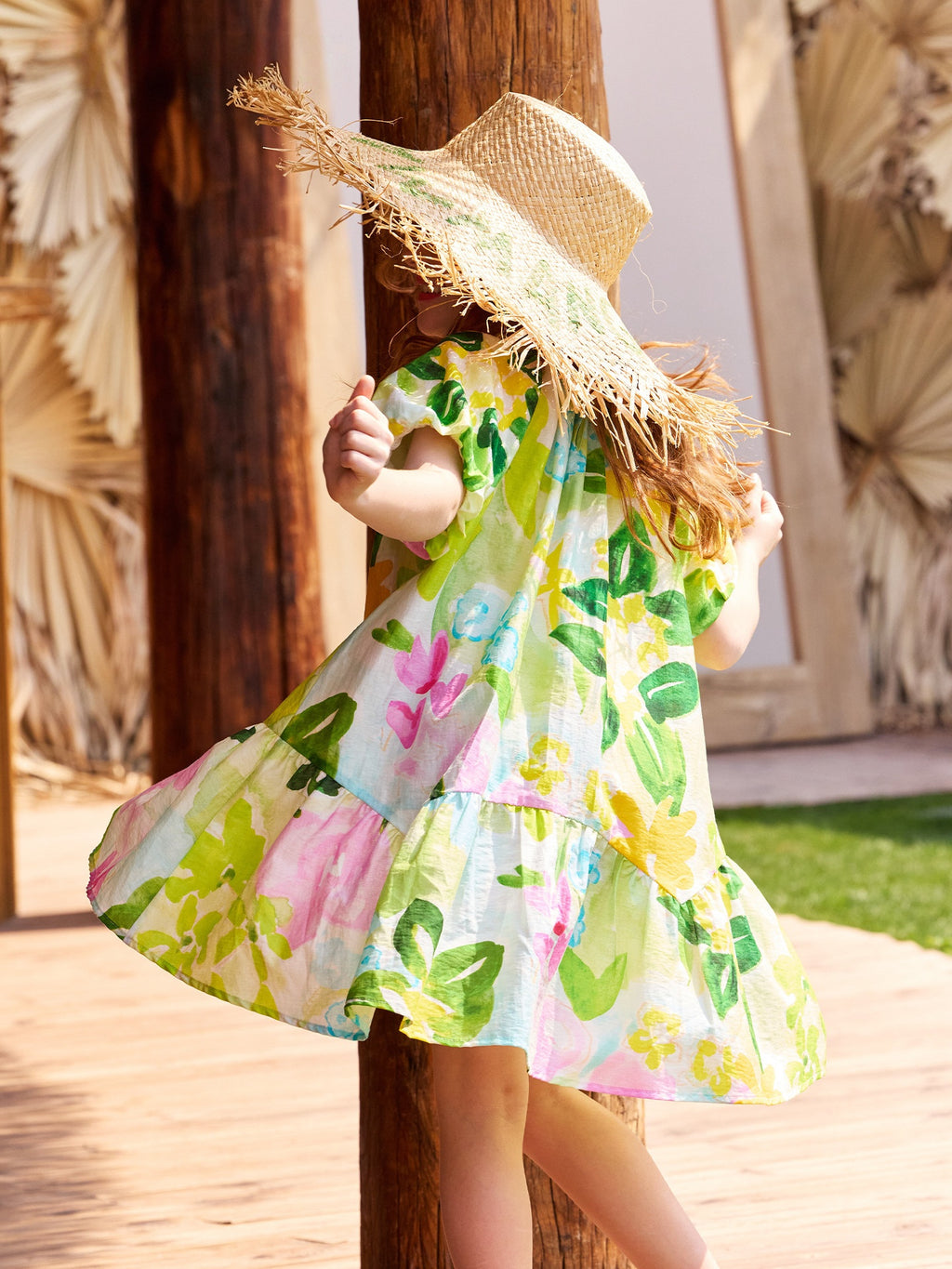 Floral Bubble Sleeve Ruffled Edge Dress