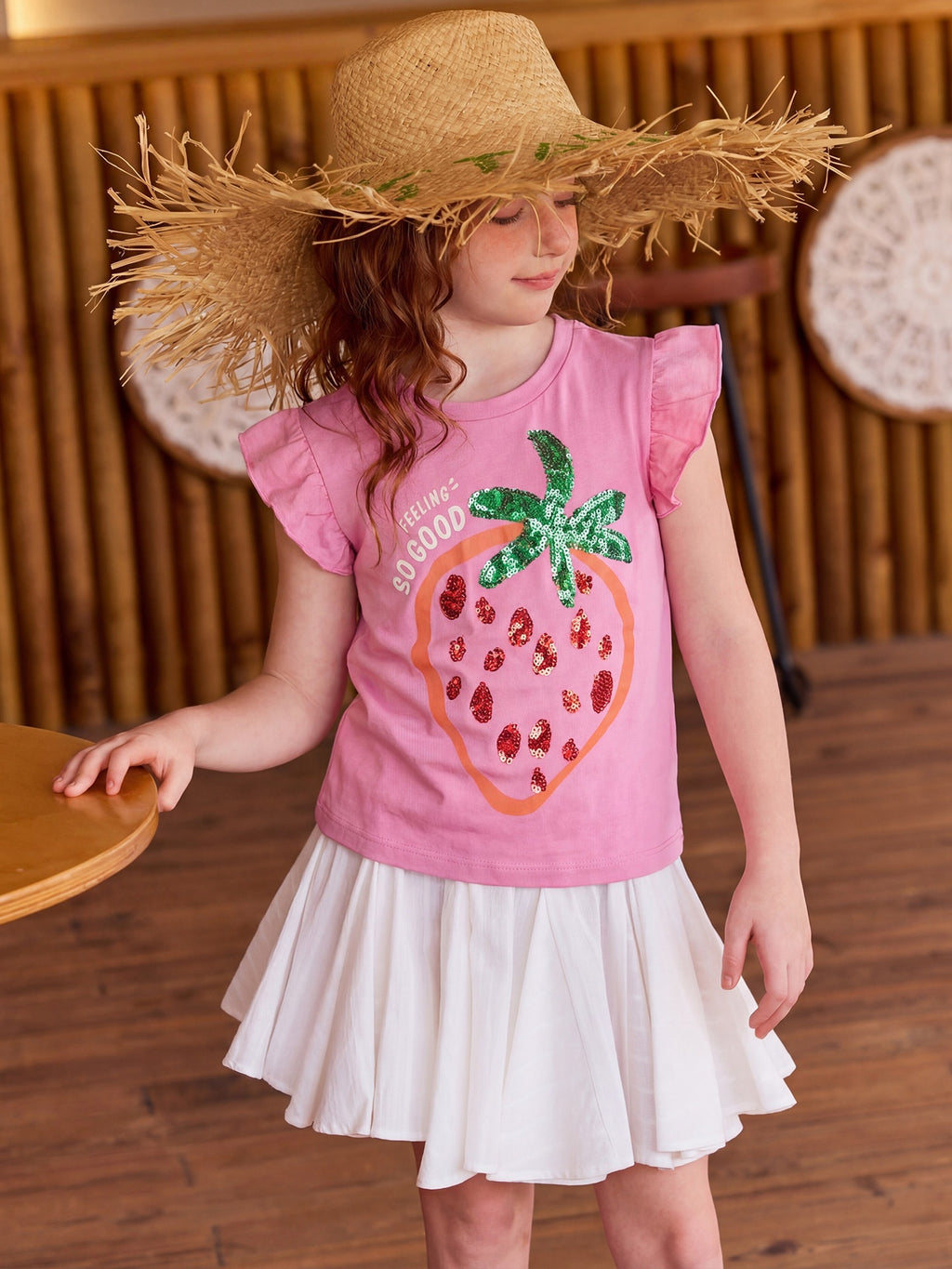Strawberry Sequin Fly Sleeve Top