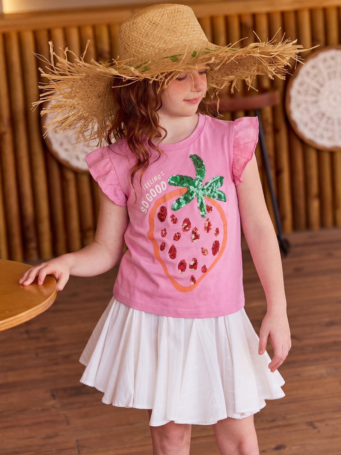 Strawberry Sequin Fly Sleeve Top