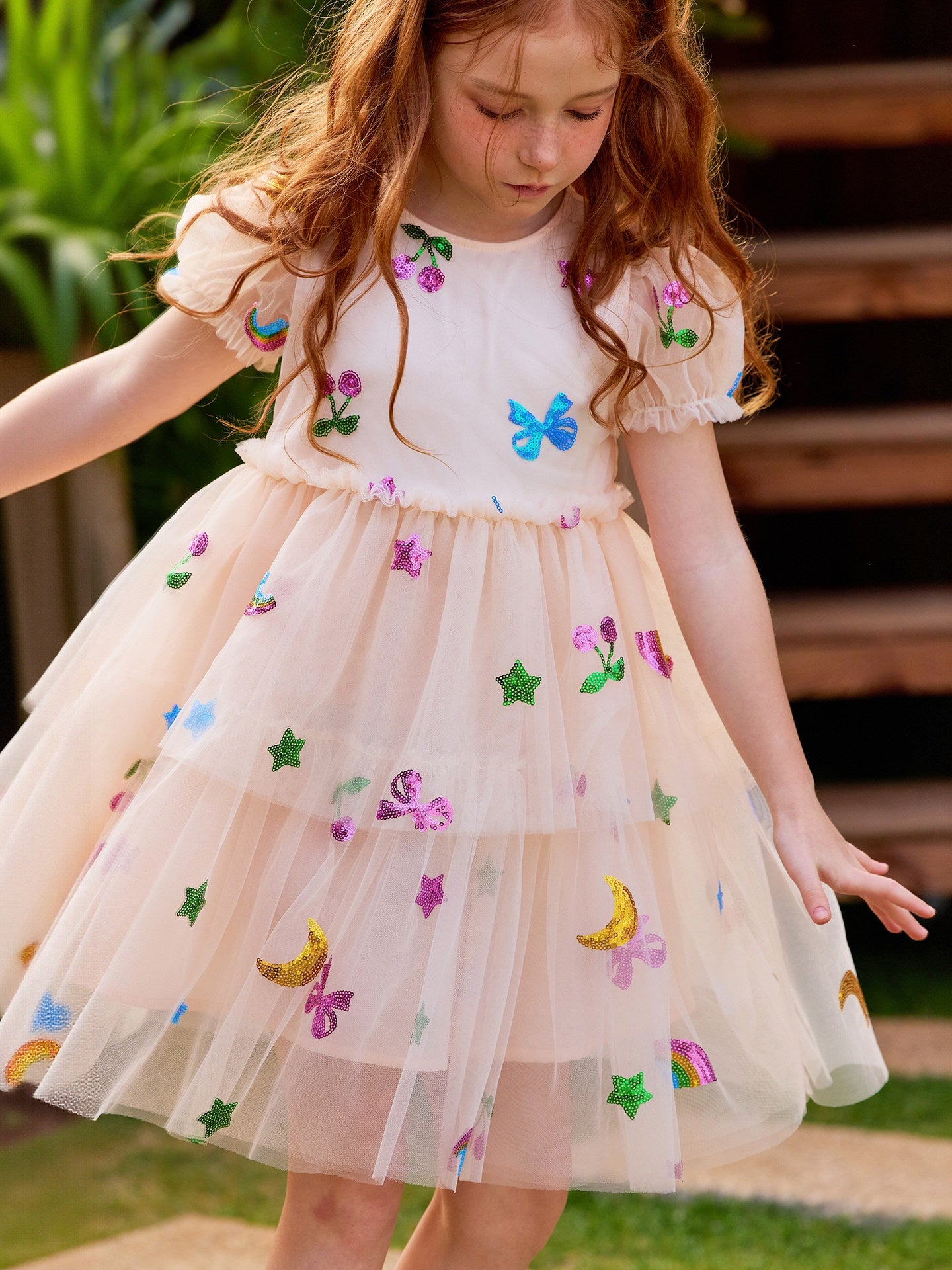 Sequin Bubble Sleeve Mesh Party Dress