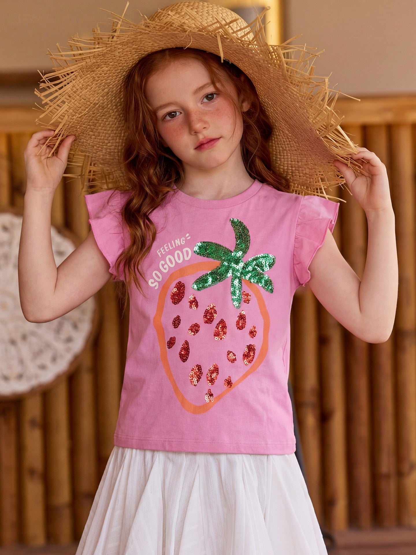 Strawberry Sequin Fly Sleeve Top