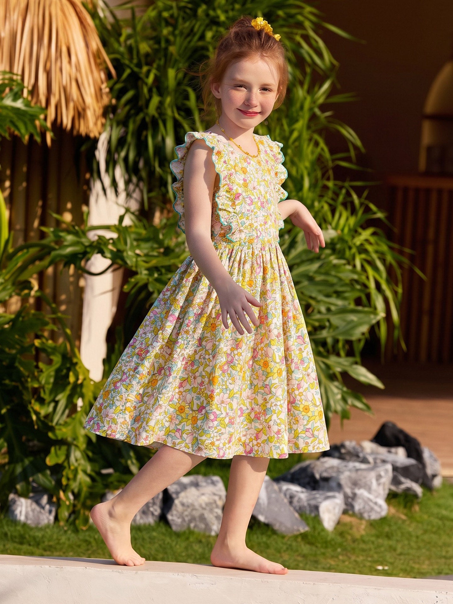 Floral Ruffled Round Neck Dress