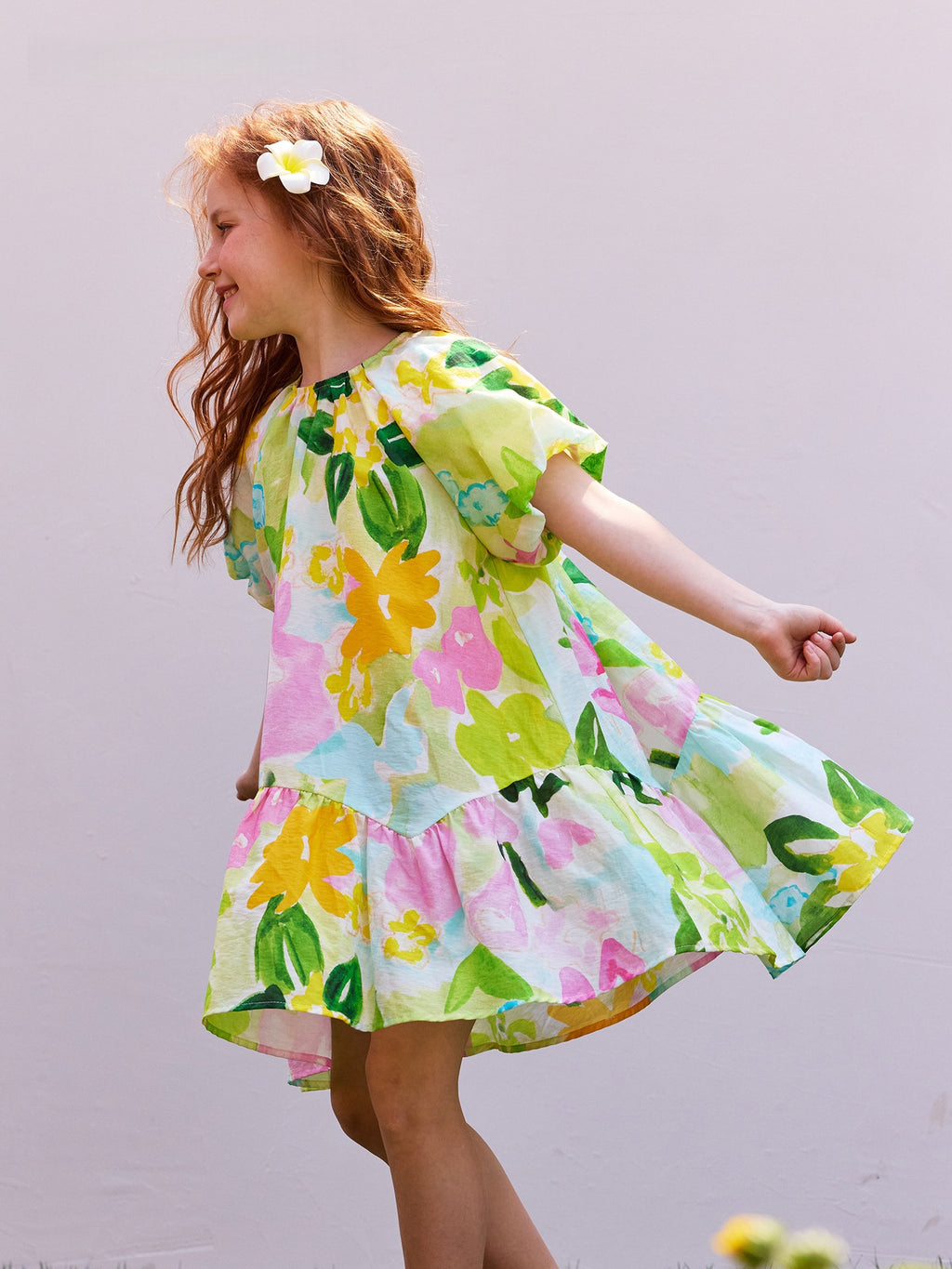Floral Bubble Sleeve Ruffled Edge Dress