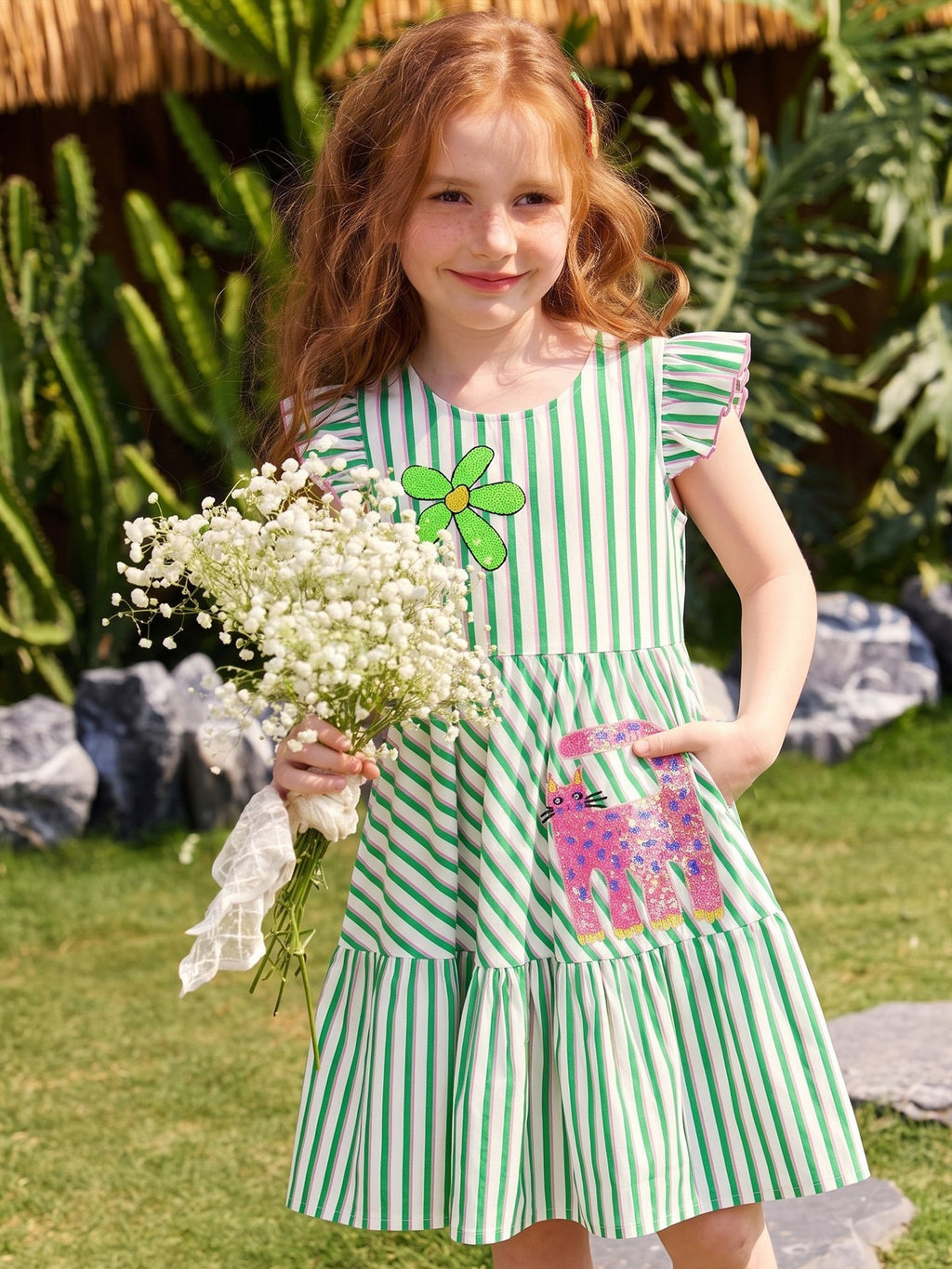 Striped Sequin Embroidered Dress