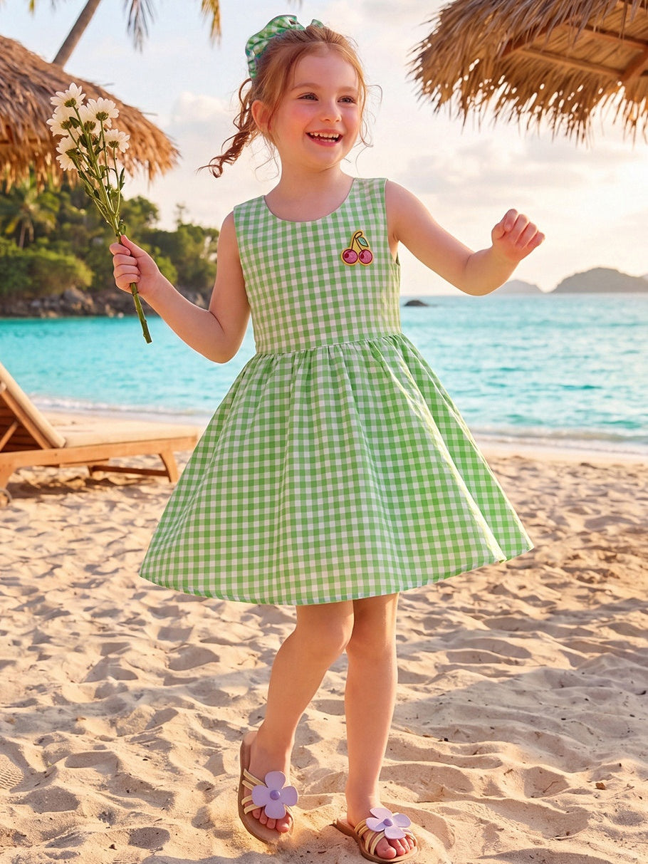 Green Plaid Butterfly Sleeveless Dress
