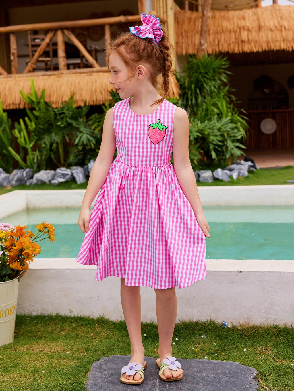 Pink Plaid Sequin Strawberry Dress