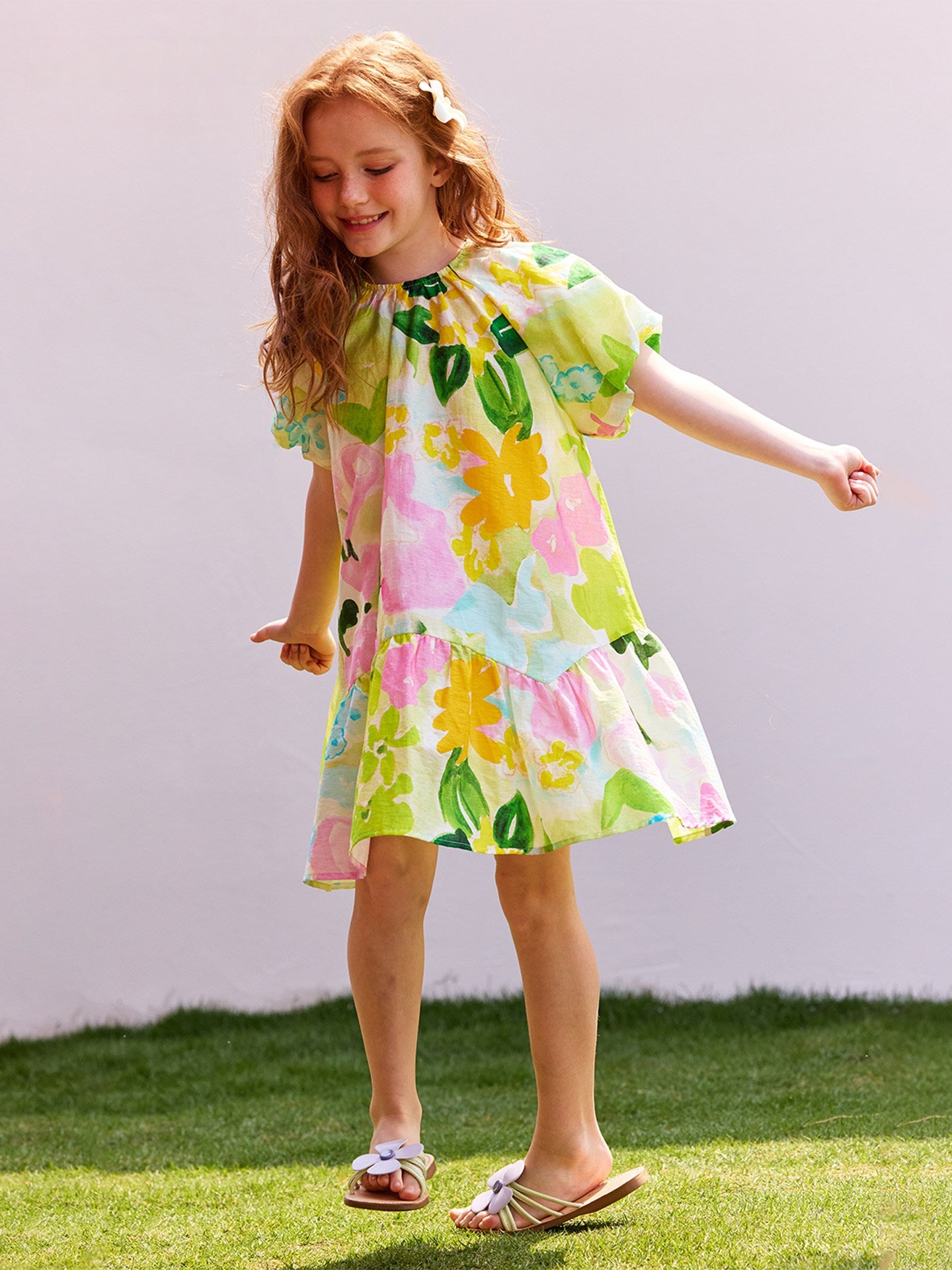 Floral Bubble Sleeve Ruffled Edge Dress