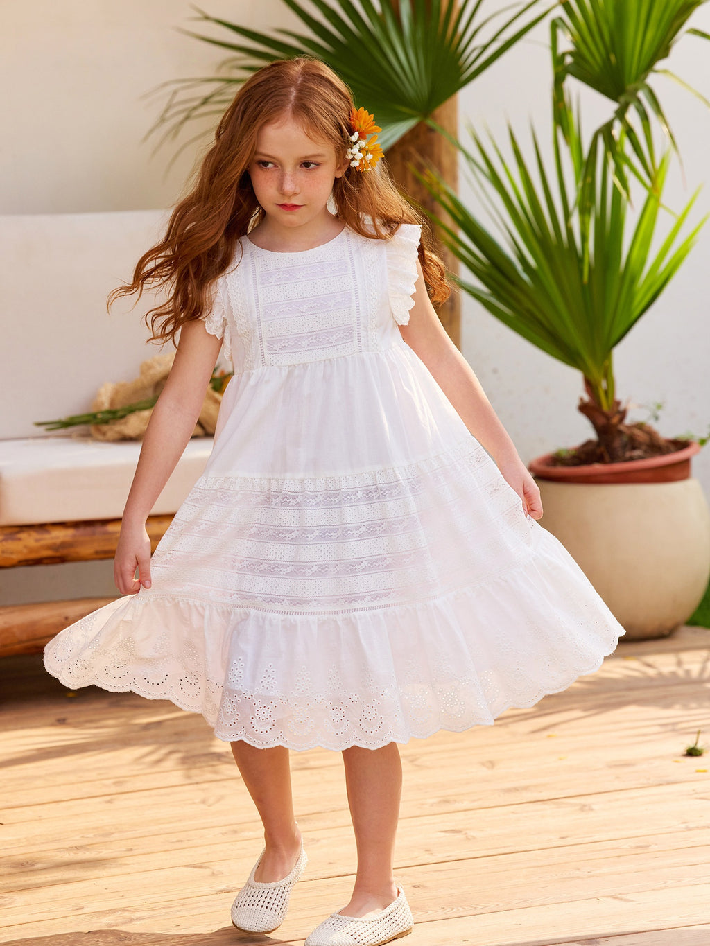 Lace Fly Sleeve Ruffled Dress