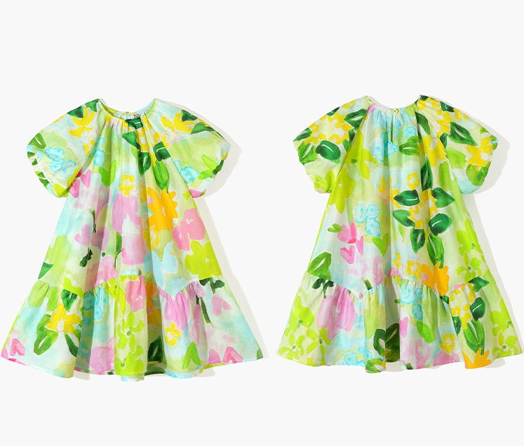 Floral Bubble Sleeve Ruffled Edge Dress
